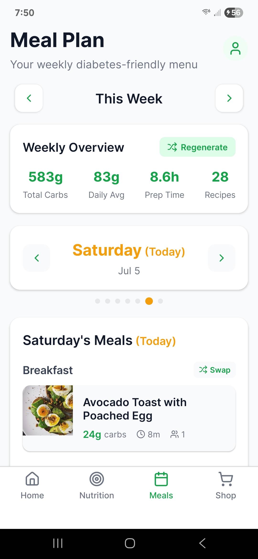 ChefItUp meal planning interface showing weekly diabetes-friendly menu with carb tracking, meal overview, and avocado toast recipe